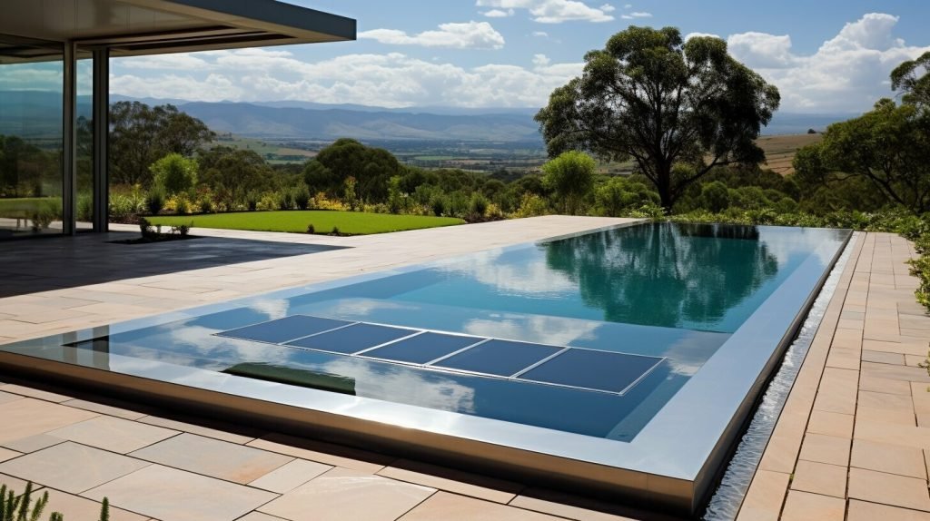 designer pool covers An exquisite swimming pool with a view of the majestic mountains.