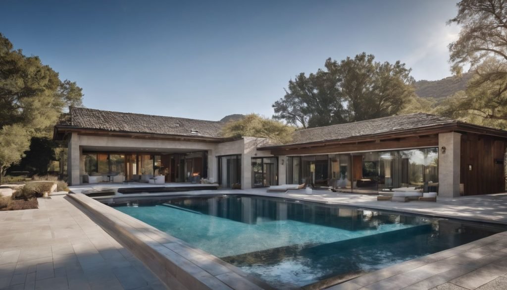 designer pool covers A house with a swimming pool in the middle of a wooded area, featuring pool covers for added convenience and protection.