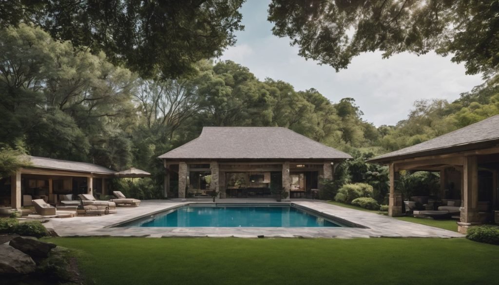 designer pool covers A backyard with a pool and lounge chairs, featuring pool covers.
