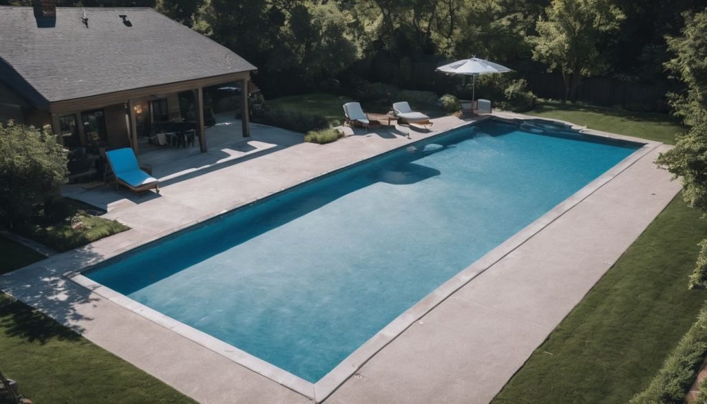 designer pool covers An aerial view of a swimming pool with pool covers in front of a house.
