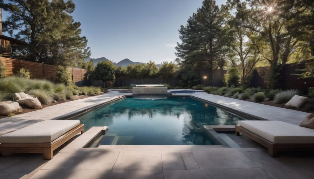 designer pool covers A modern backyard with a pool equipped with pool covers and lounge chairs.