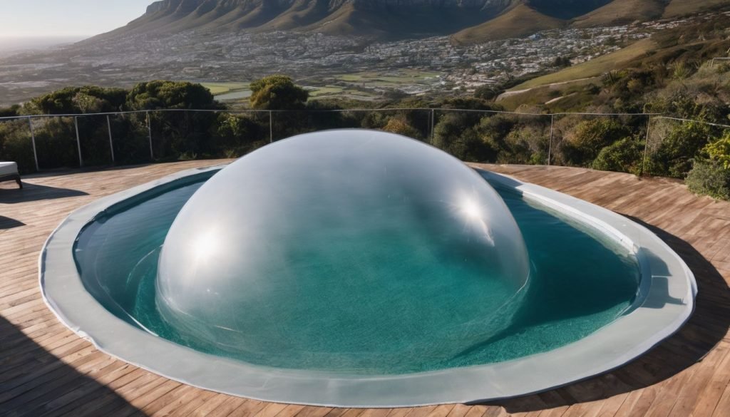 designer pool covers A pool with a bubble in the middle floating under a pool cover.