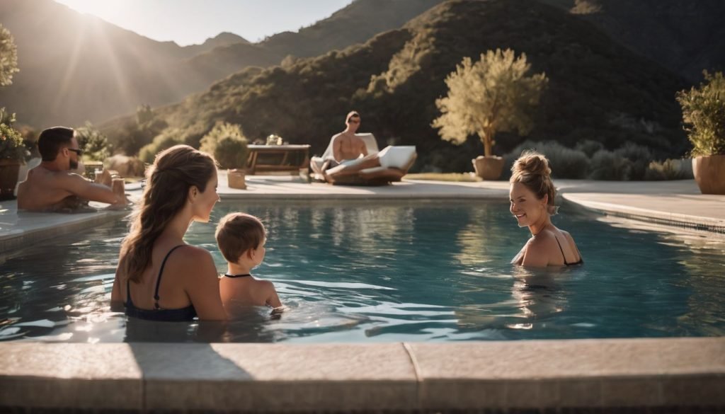 designer pool covers A group of people in a swimming pool with mountains in the background, surrounded by pool covers.