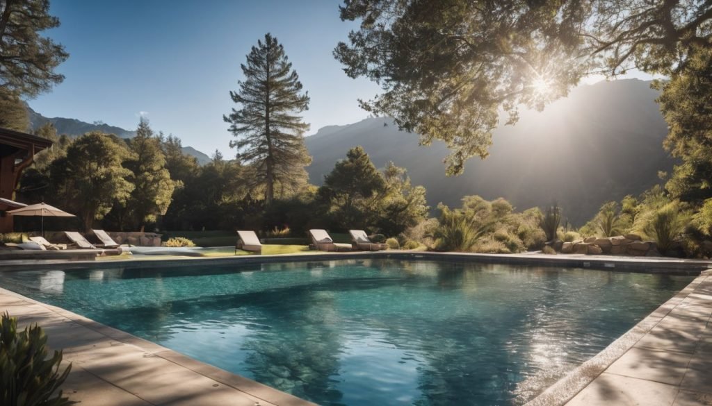 designer pool covers A swimming pool with pool covers in the middle of a wooded area.