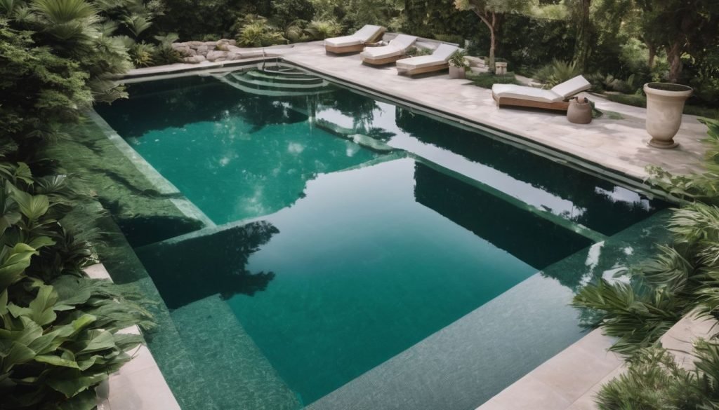 designer pool covers A swimming pool covered by lush greenery.