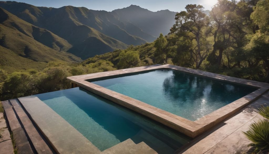designer pool covers A mountain oasis featuring a sparkling swimming pool.