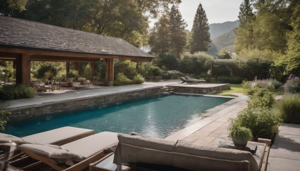 designer pool covers A backyard with a pool covered by lounge chairs.