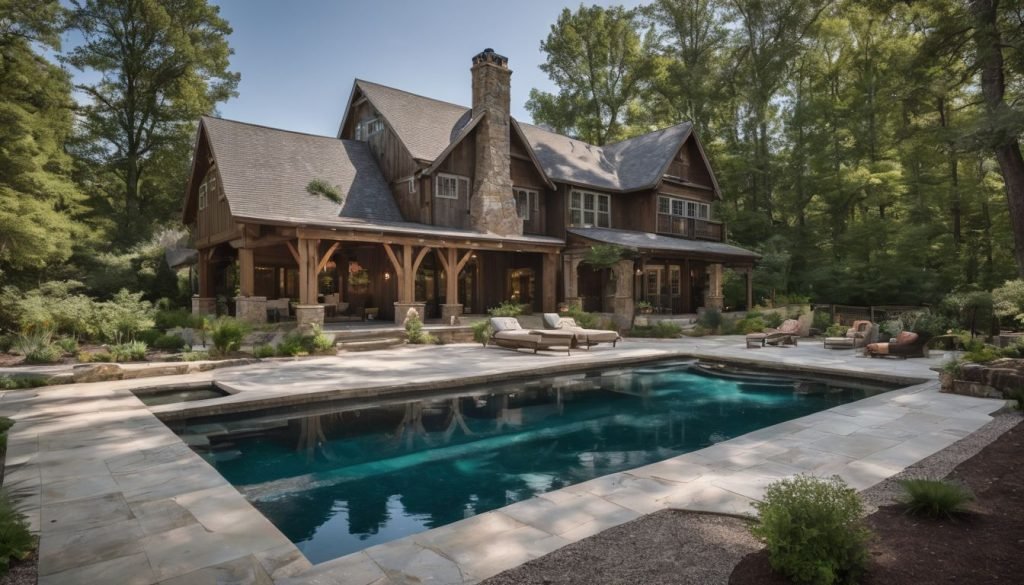 designer pool covers A home in the woods with a pool.