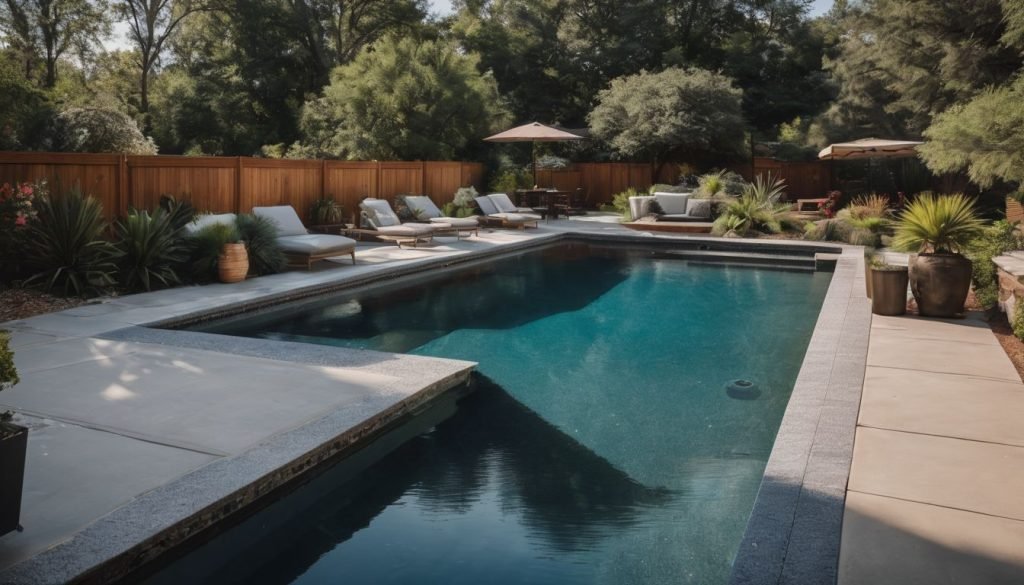 designer pool covers A backyard with a swimming pool and lounge chairs, equipped with pool covers for added protection.