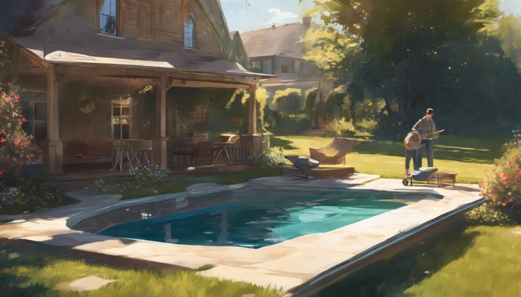 designer pool covers A painting of a house with a pool.