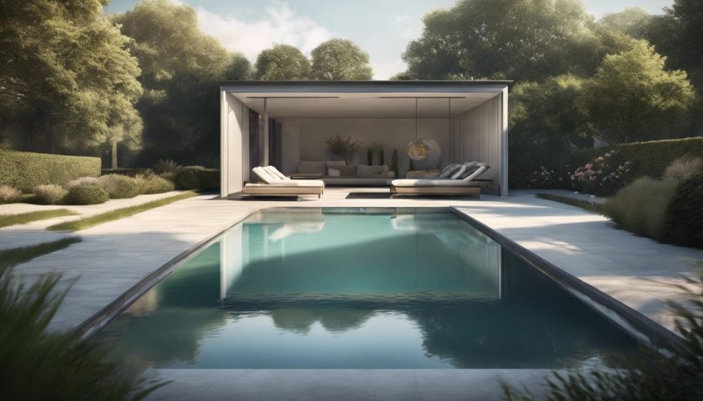 designer pool covers A house with a swimming pool in the middle of a garden.