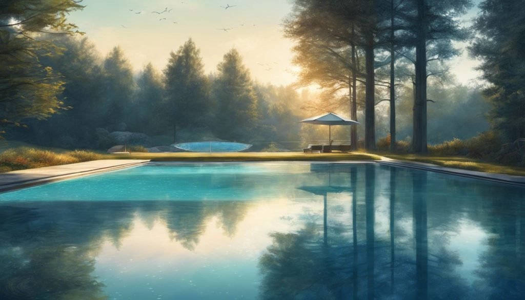 designer pool covers A painting of a swimming pool in the woods.