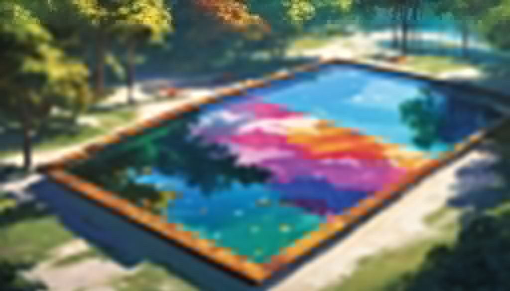 designer pool covers A painting of a colorful pool in the middle of a forest.