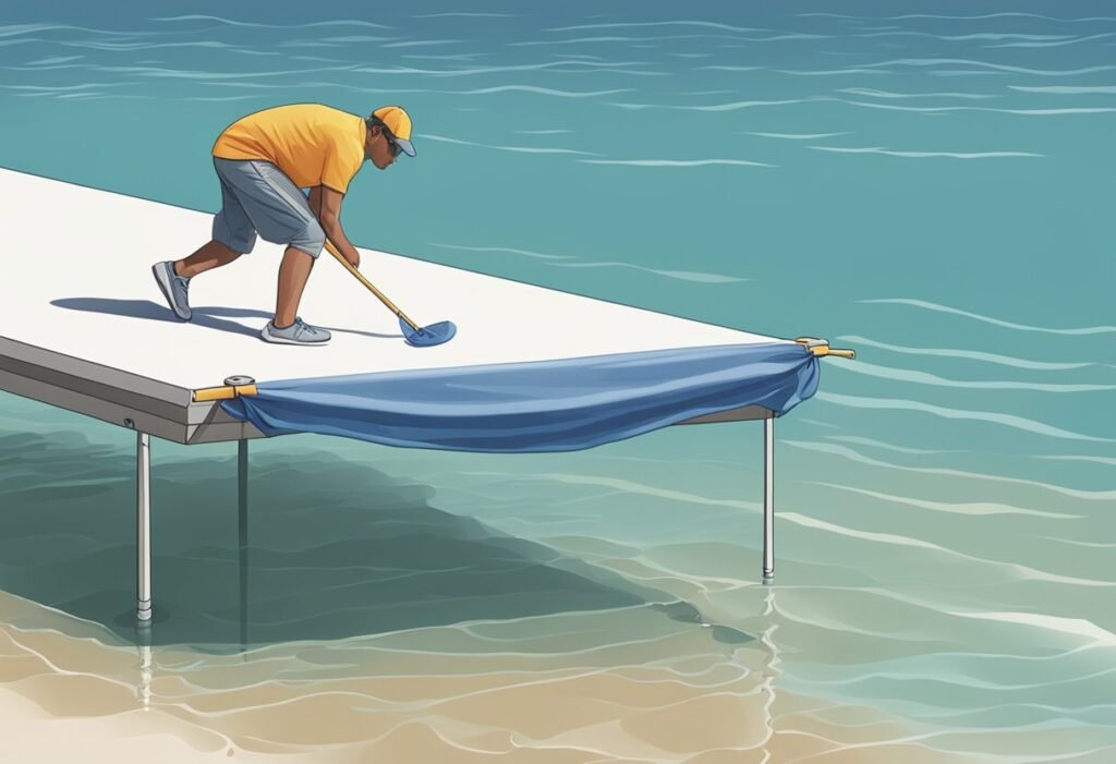 designer pool covers An illustration of a man on a dock.