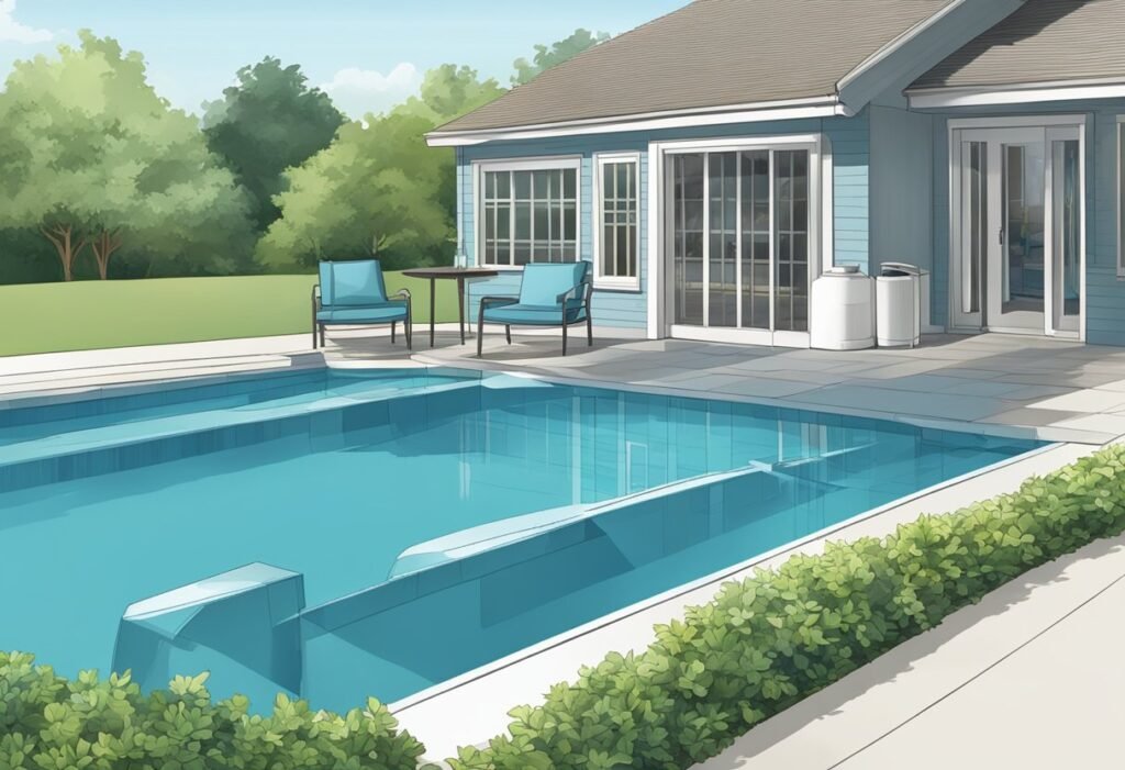 designer pool covers An illustration of a swimming pool in a backyard.